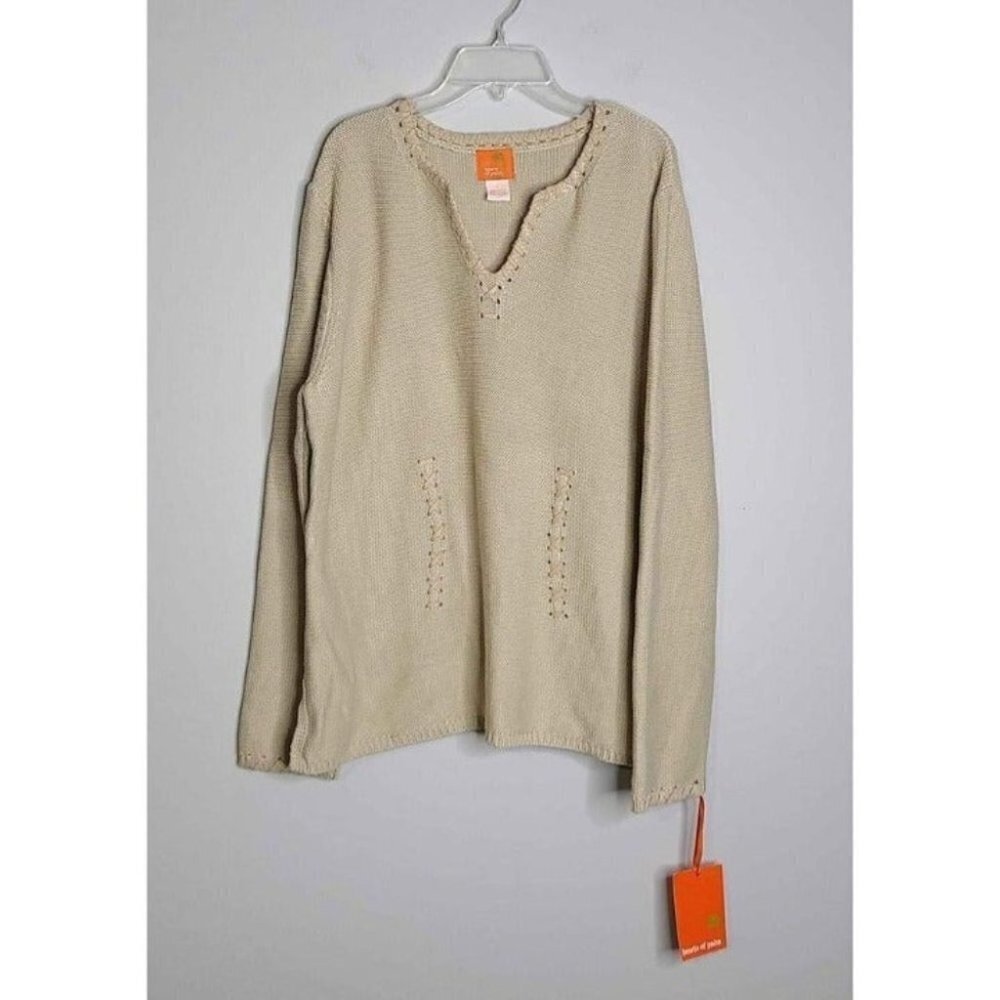 New Hearts of Palm Womens Tan Sweater w/Split Side/String Laced Trim Sz Lg